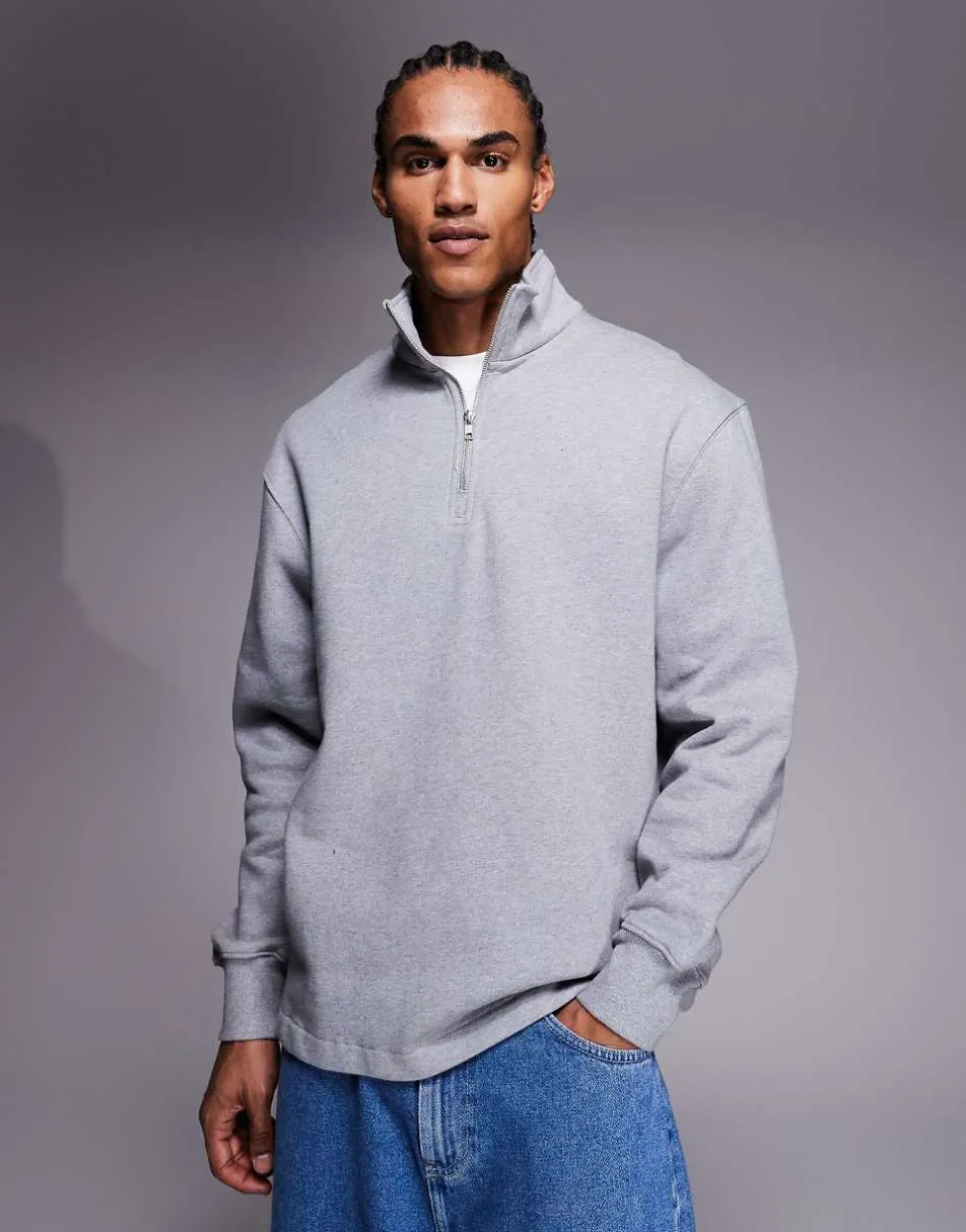 ASOS DESIGN oversized heavyweight quarter zip sweatshirt with fixed hem in grey marl