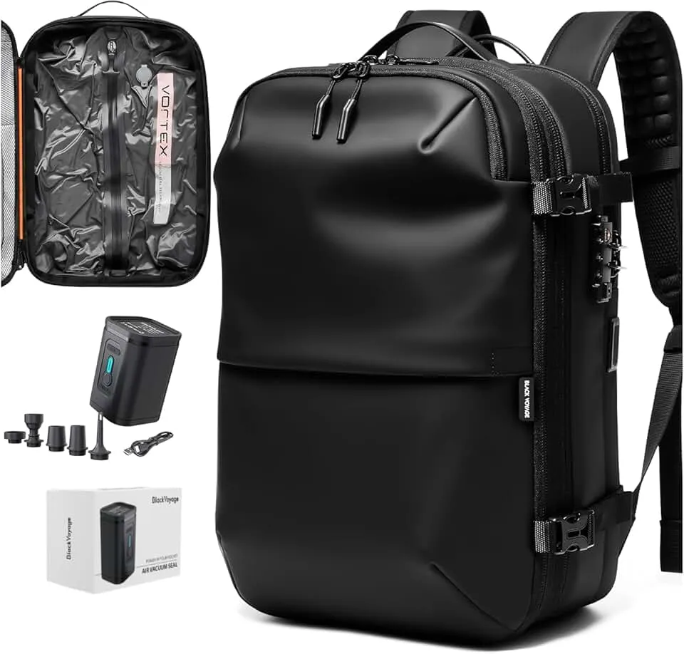 Vortex Vacuum Seal Travel Backpack 60L Expandable Air Compression System Water Resistant TSA Lock Carry-On Suitcase Luggage Black AERO - Vacuum Pump Included