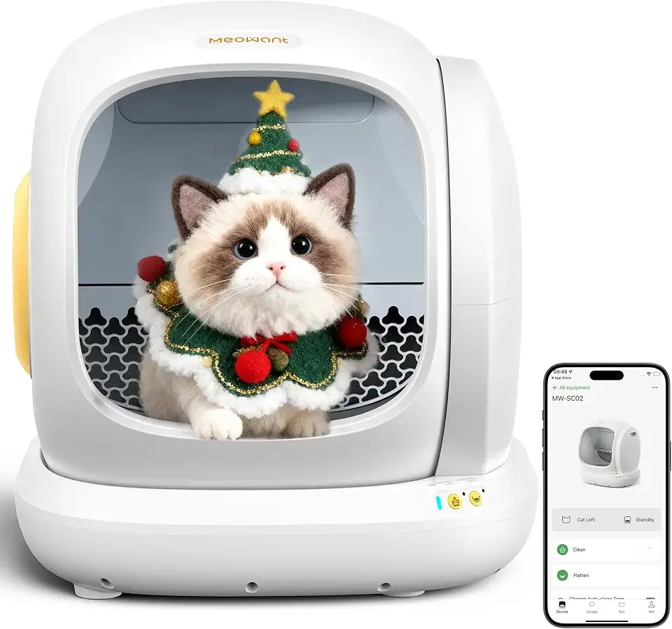 MeoWant Self-Cleaning Cat Litter Box, 75L Extra Large Open Automatic Cat Litter Box for Multi Cats, Integrated Safety Protection/APP Control/Odor Removal Smart Box with Mat & Liner