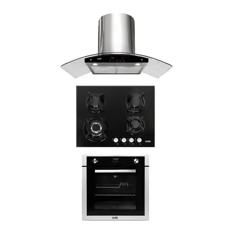 Tricombo Encimera Empotrable A Gas 4 Hornillas SOLCO034 + Campana Decorativa 90cm TURE63CO + Horno Empotrable A Gas 70L SOLHO007 Sole