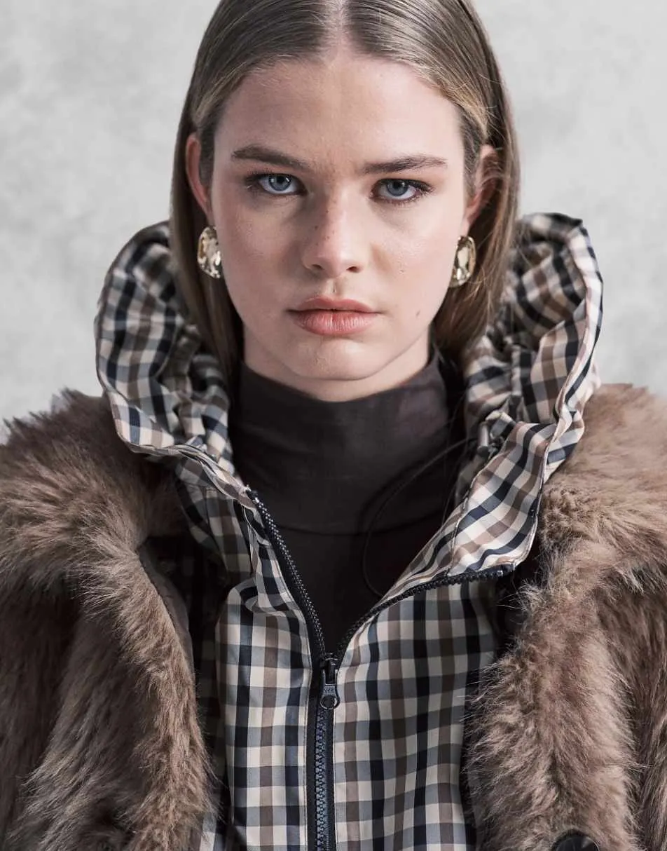 ASOS DESIGN hooded bubble hem bomber jacket in stone multi check