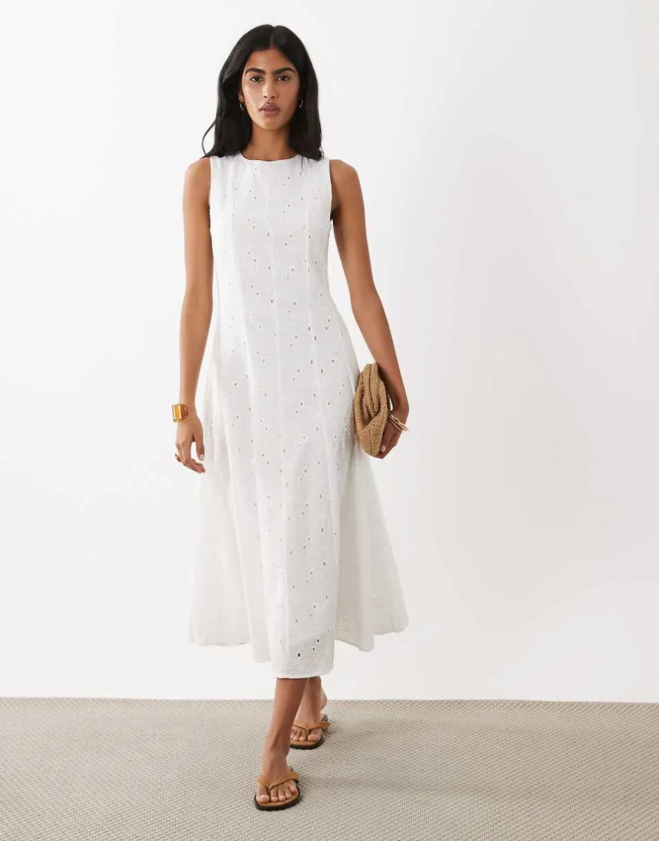 Mango 100% cotton boat neck embroidered midi dress in white