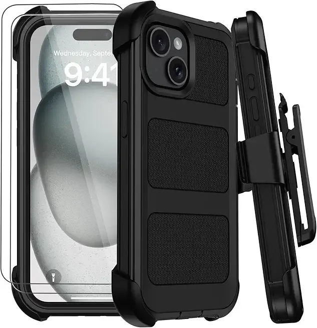 for iPhone 15 Case with Belt Clip Holster,Military Grade Anti-Drop Shockproof Defender Phone Cases w/2x Screen Protectors & Kickstand,2 Layers Rugged Heavy Duty Protective Bumper Cover (Black)