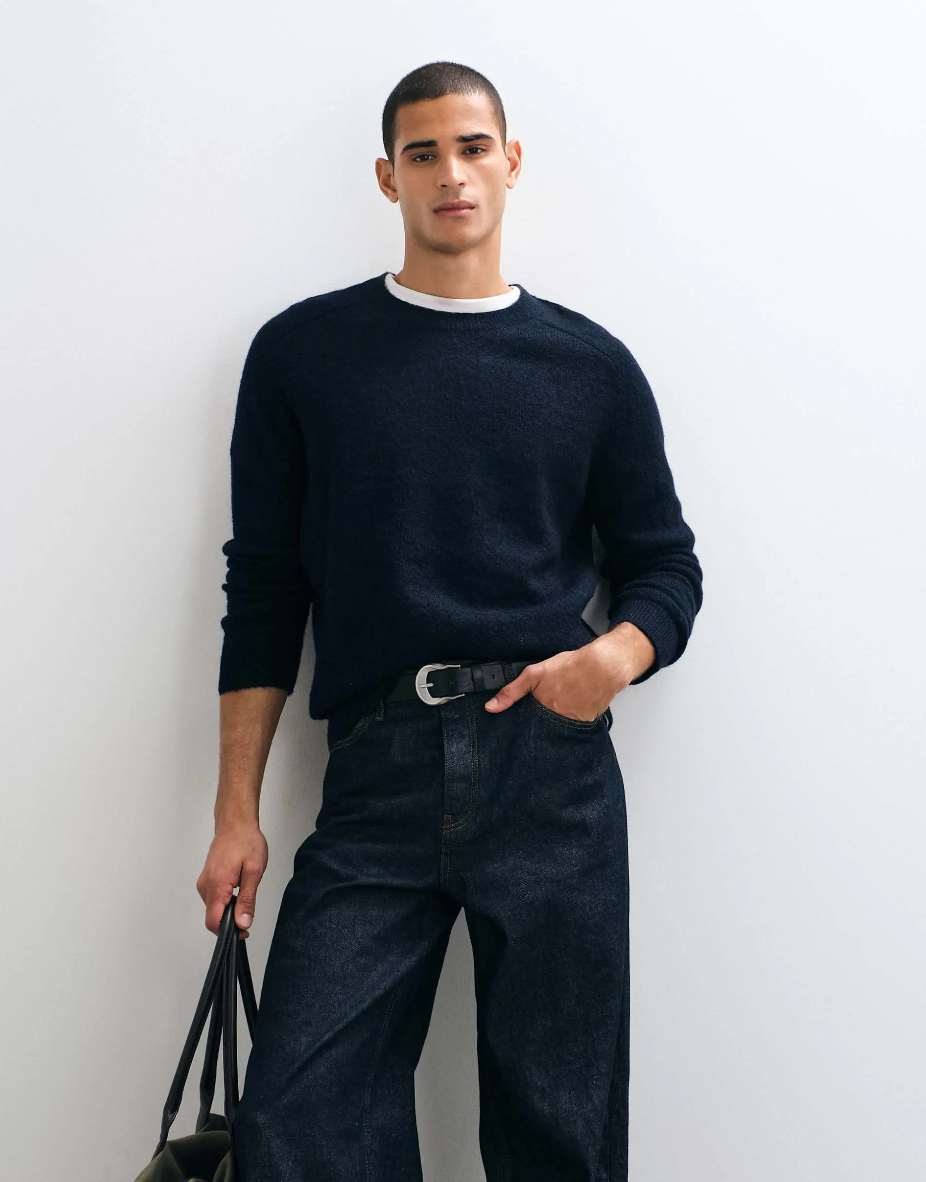 ARKET wool rich boucle crew neck jumper in navy