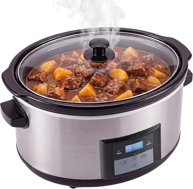 8.5 Qt Large Slow Cooker with Timer for 10+ People-Silver | Oval,Program,Dishwasher Safe,Low High Warm 3 Heat Modes,Stainless Steel Cooker,Ceramic Pot,Large
