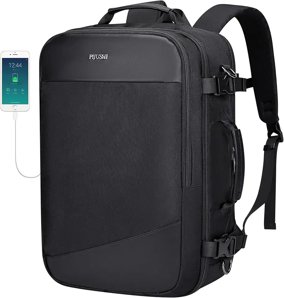 PIJUSHI Travel Backpack for Women Men Carry on Suitcase Backpack Flight Approved Personal Item Bag Fits 16 Inch Laptop(PE035 Black)