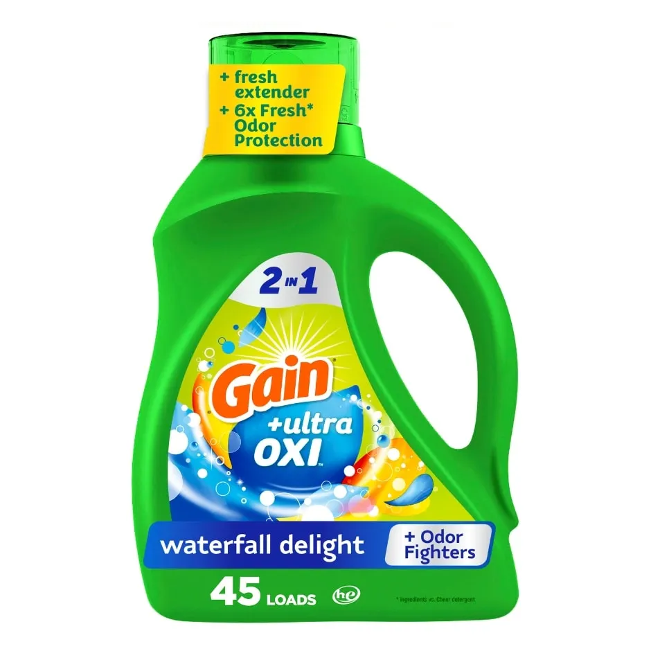 Gain Ultra Oxi Liquid Laundry Detergent, Waterfall Delight Scent, 65 fl oz, 45 loads, Freshness + Odor Fighting, High efficiency washing machine iquid cleaning soap