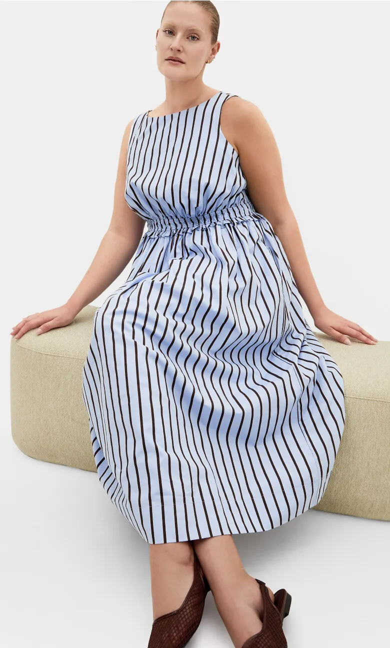 Anna Choc Stripe Cotton Dress - sky blue