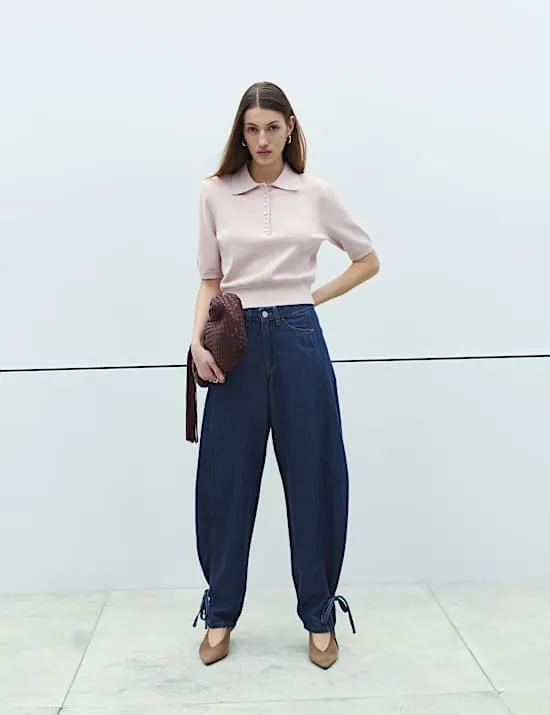 High Waisted Tie Detail Balloon Leg Jeans