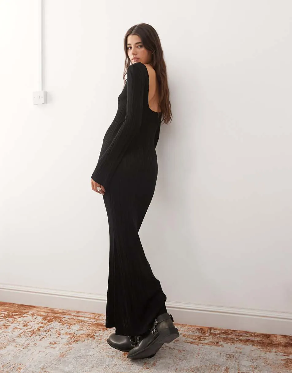 Monki long sleeve knitted slim fit maxi dress in black