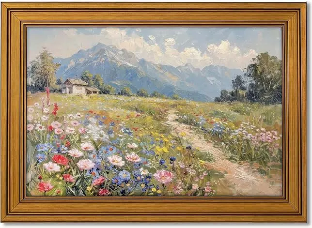 Vintage Gold Framed Colorful Wildflowers Canvas Wall Art, Mountain Landscape Poster Print Artwork, Nature Scenery Painting Pi…