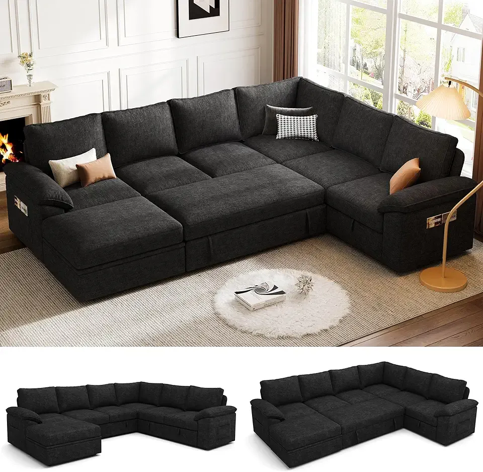 108 Inch Modular Sectional Sofa with Pull Out Bed, U Shaped 7 Seat Sectional Sleeper Sofa with Storage, Sectional Couches for Living Room,Cloud Modular Couch, Removable Sofa Cover, Black