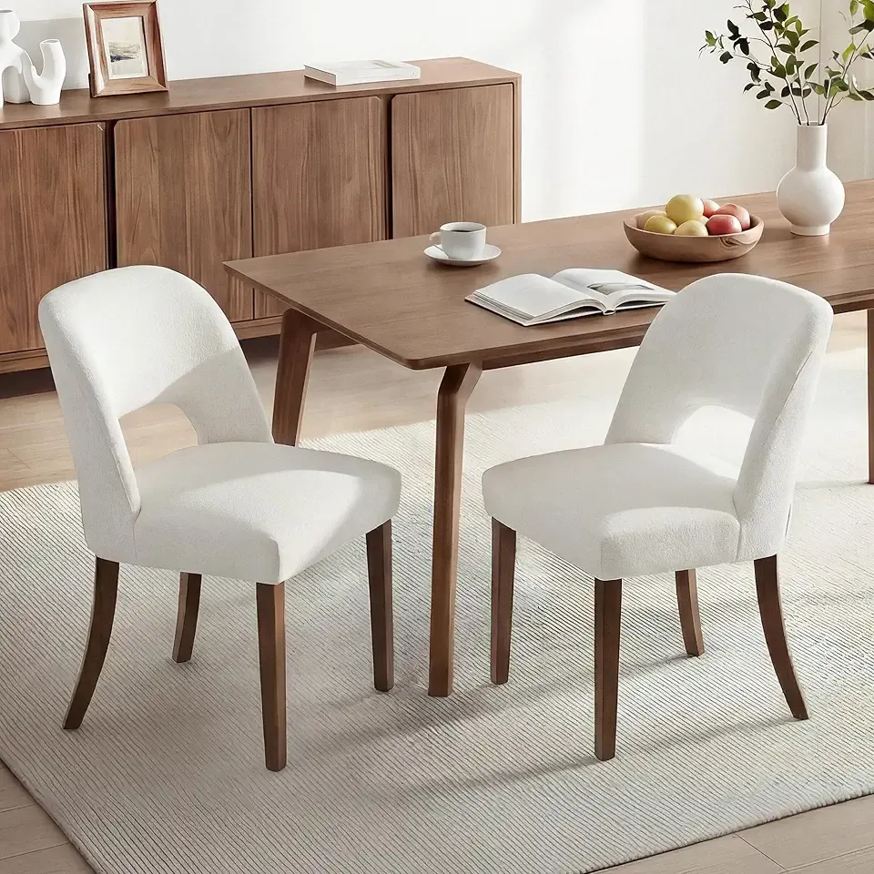 KISLOT Upholstered Dining Chairs Set of 2, Modern Armless Kitchen Chairs with Solid Wood Legs, Boucle Fabric, Sturdy Spring Structure, Comfortable Padded Dining Room Chairs, Cream