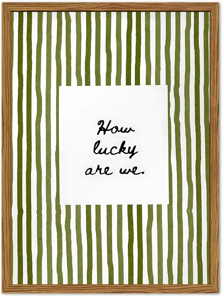 Framed How Lucky Are We Wall Art, Green Striped Pictures Wall Decor, Trendy Inspirational Quote Paintings Canvas Prints Preppy Home Decor for Living Room Bedroom Office Dorm 12x16 inch