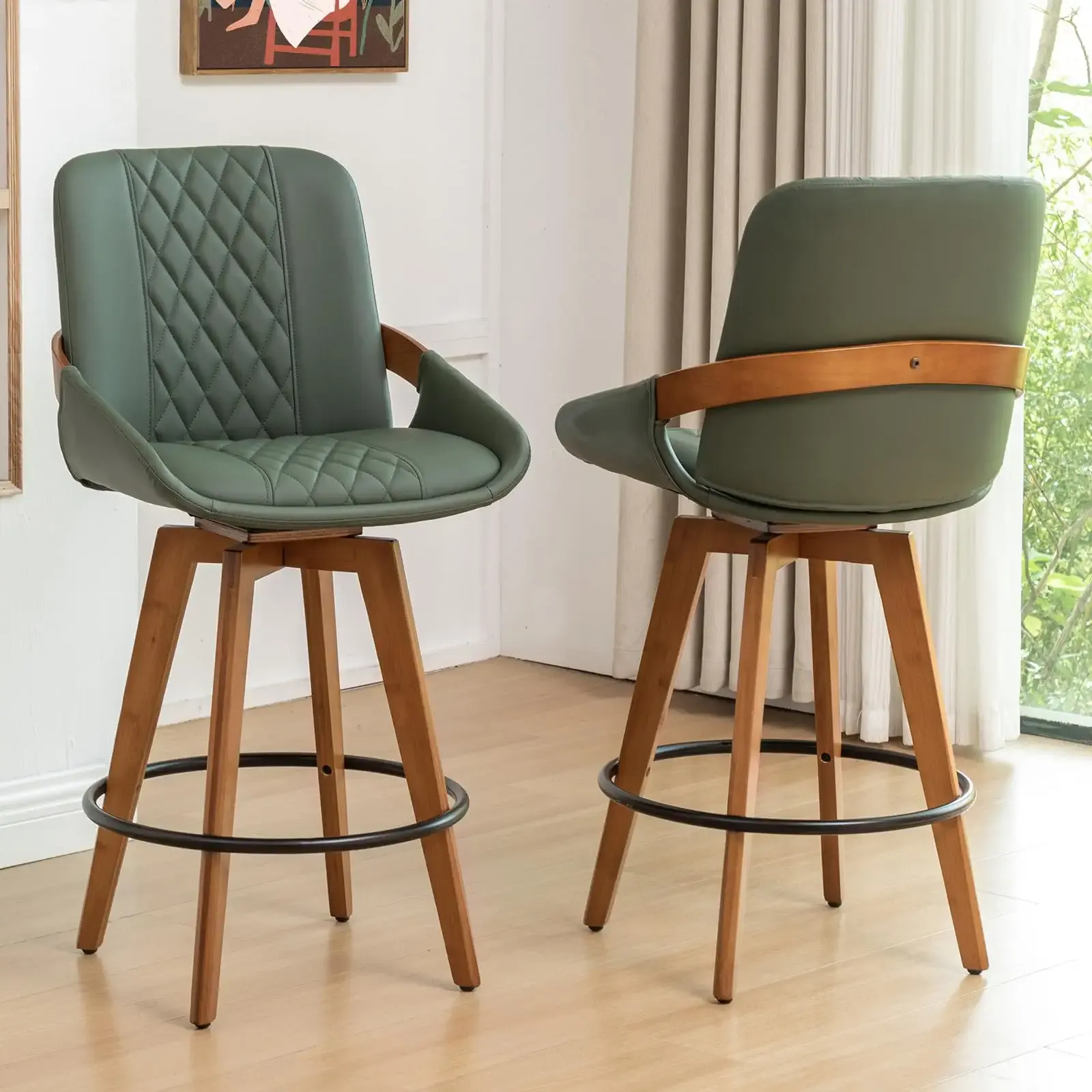 Counter Height Bar Stools Set of 2, Mid Century Modern Retro Swivel Bar Chairs, Furniture with Curved Back, Faux Leather Upholstered and Walnut Wood Frame for Bar/Pub/Island (Green, 26.3"-2 PCS)