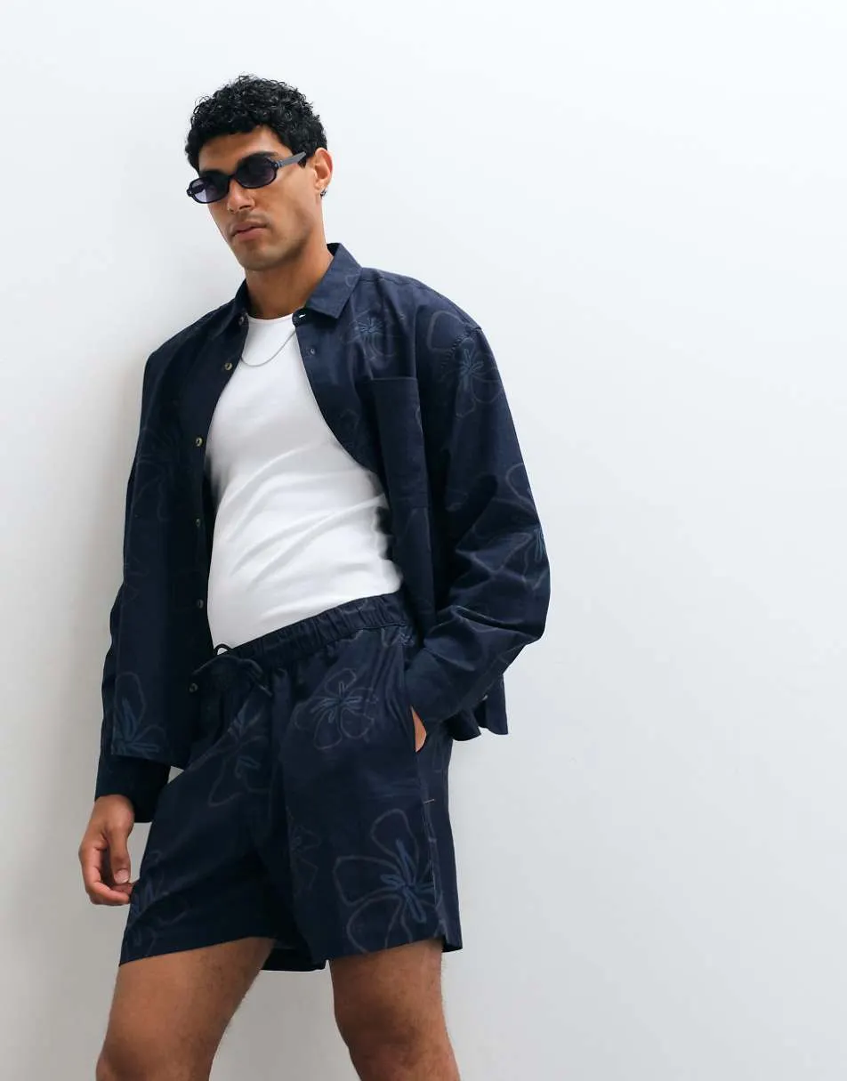 ASOS DESIGN co-ord all over floral print short with linen in navy