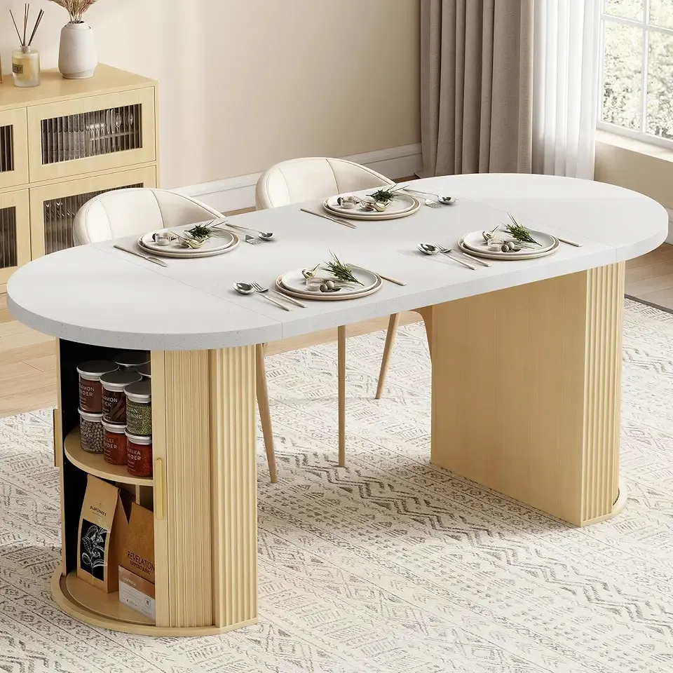 IRONCK 71" Oval Dining Table for 4-6 with Hidden Storage, Modern Farmhouse Kitchen Table with Fluted Semi-Cylindrical Legs, Faux Quartz Top for Dining Room, Kitchen, Living Room & Home Office (Oak)