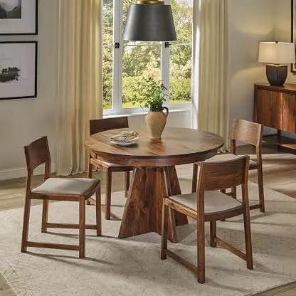 Stickley Saranac 46in Round Dining Table, Solid Rustic Walnut, Sustainable Construction, 16in Butterfly Leaf Inside, Seats 4 Closed, Seats 6 Open, Pedestal Base, 46in Dia. x 30in H, Made in USA Stickley Saranac 46in Round Dining Table, Solid Rustic Wa…