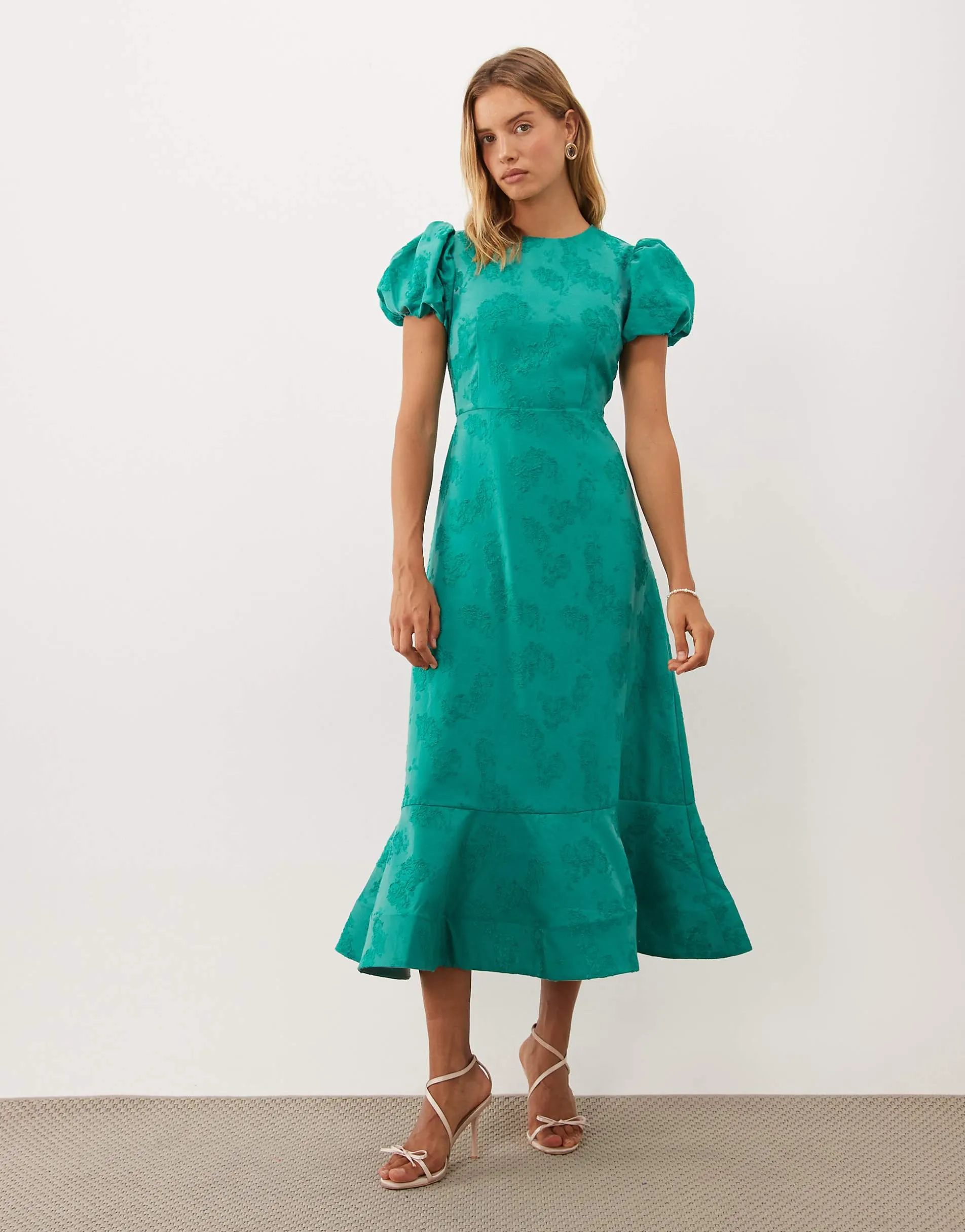 Sister Jane jacquard puff sleeve structured hem midi dress in emerald green