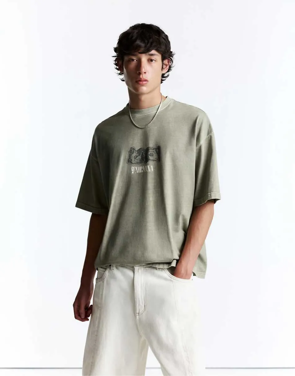 Pull&Bear Nirvana t-shirt in khaki