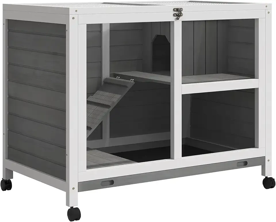 PawHut Rabbit Hutch with Wheels, Desk and Side Table Sized, Wooden Rabbit Cage, Waterproof Small Bunny Cage with Removable Tray, Openable Roof, for Indoor & Outdoor, Gray