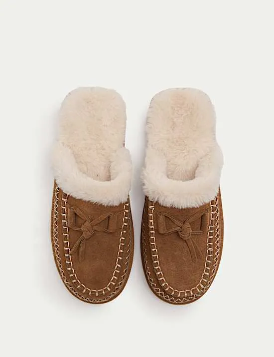 Suede Faux Fur Lined Stitch Detail Clog Slippers