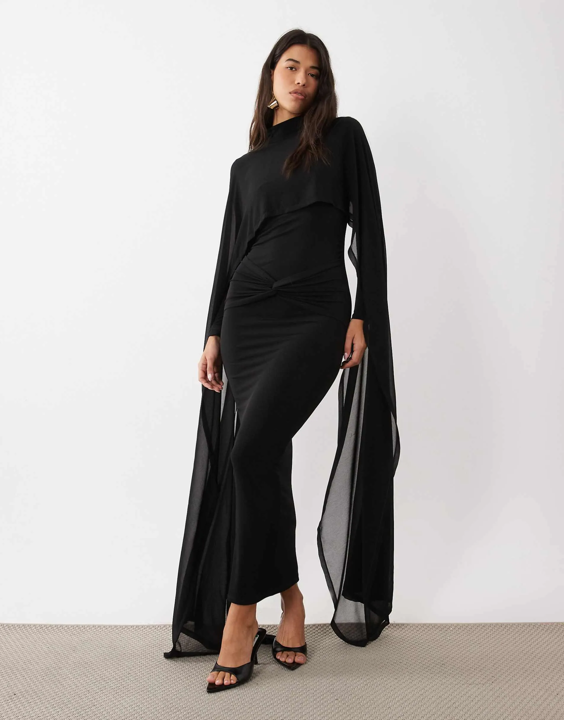 Daska slinky high neck cape detail maxi dress with ruched detail in black