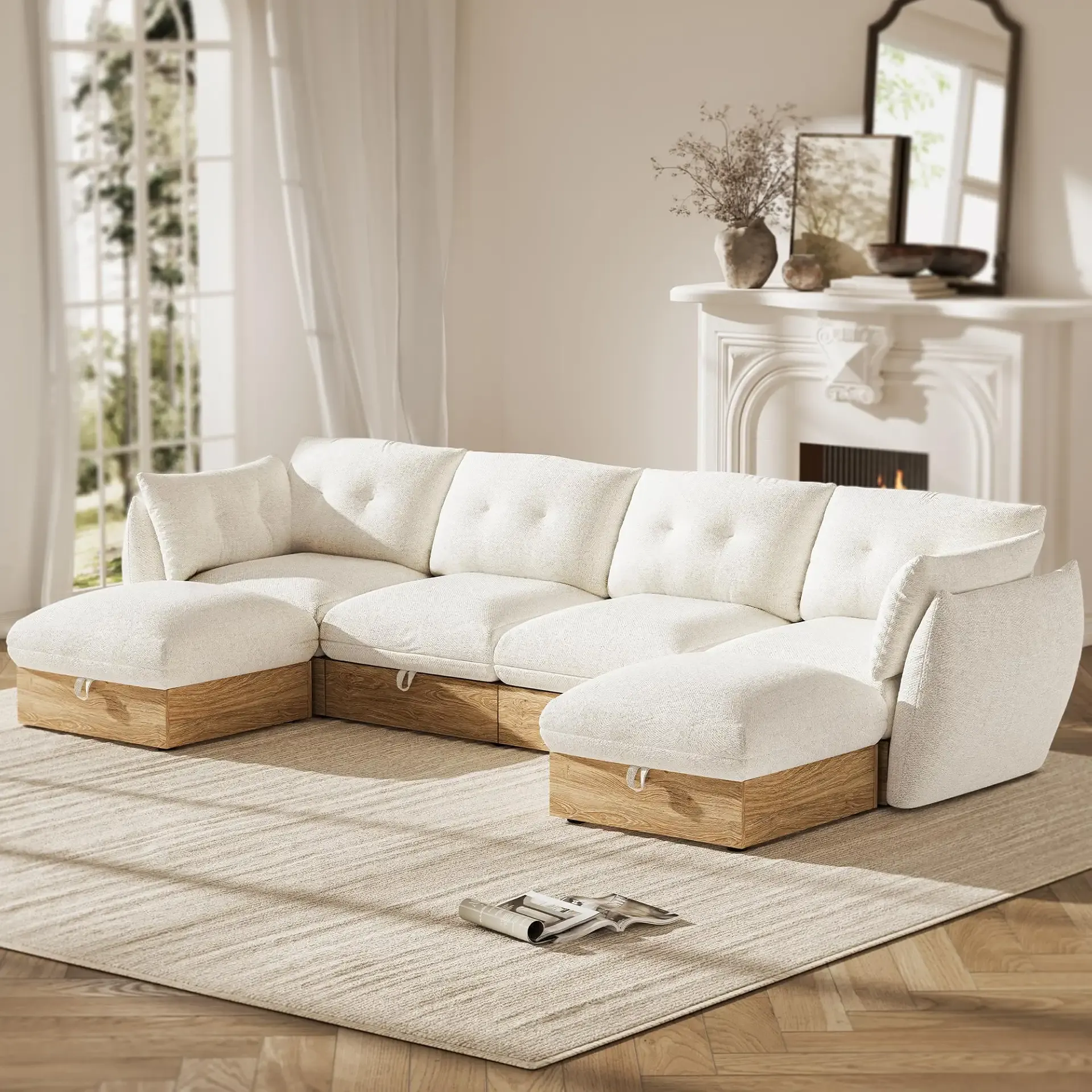 134" U Shaped Cloud Couch Sectional Modular Sofa with Storage, Cotton and Linen Fabrics Modern Oversized Deep Seat Sofa with Armrest Pillow, Easy Assembly for Living Room, Apartment, Beige