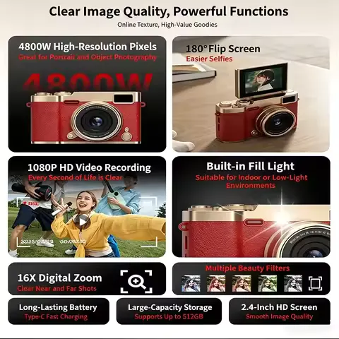 KEBIDUMEI 48MP Digital Camera 1080P HD Video 4K Flip Screen 16X Digital Zoom Portable CCD Camera with Flash Long Battery Life