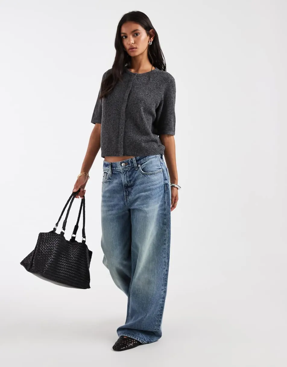 Vero Moda short sleeve knitted cardigan in dark grey melange