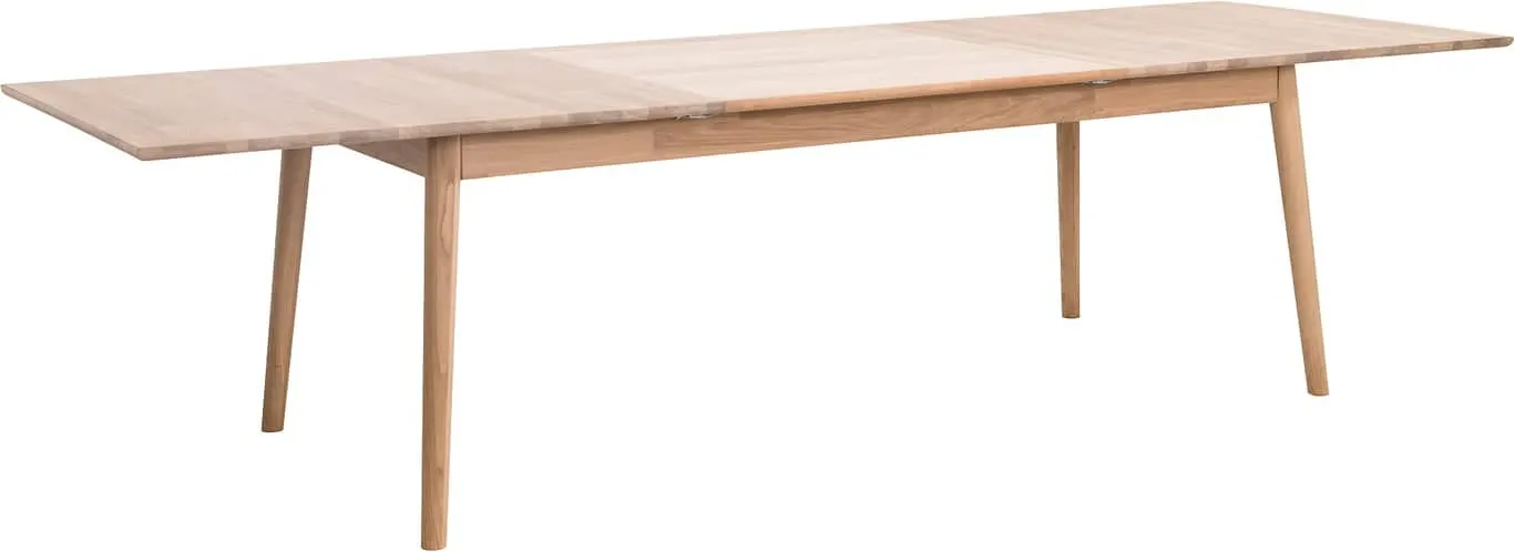 Linden spisebord 210 - 300 x 100 cm inkludert butterfly-ileggsplate, heltre hvitoljet eik