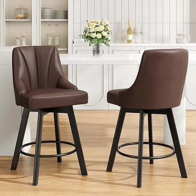 YaFiti Swivel Bar Stools with Backs, 24" Counter Height Bar Stools Set of 2, PU Leather Upholstered Counter Barstools with Solid Wood Legs for Kitchen Island, Home Bar, Brown
