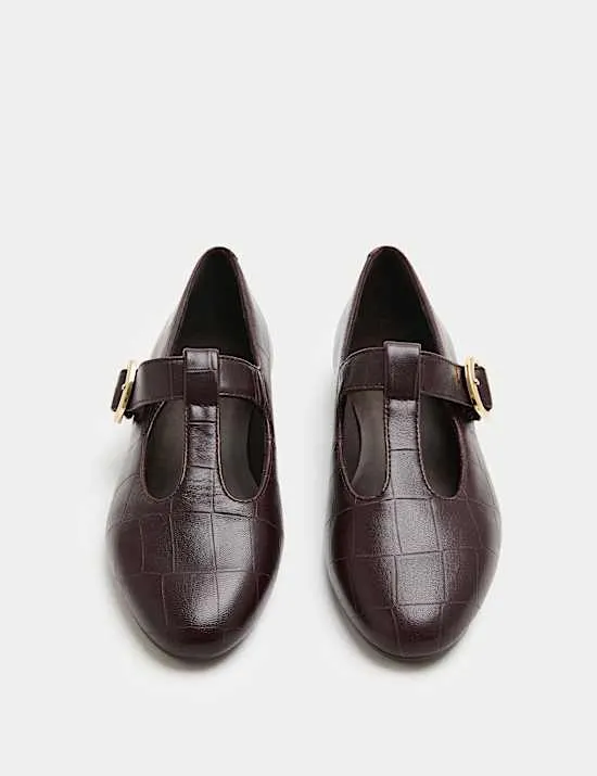 Leather Croc T-Bar Flat Ballet Pumps