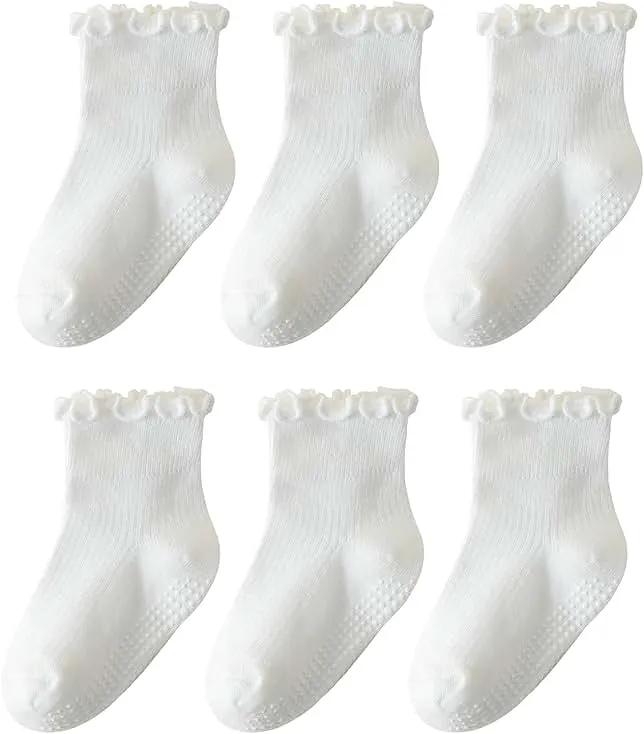 ANYANIME 6 Pairs Toddler Ruffle Socks for Girls Baby Grip Socks Non Slip Socks Cute Grippy Frilly