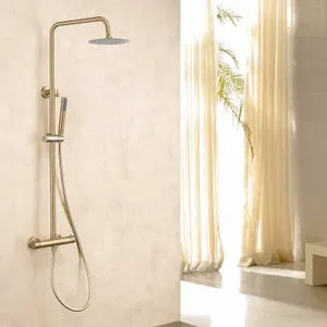 Columna de ducha con Grifo Termostática dorado, Ducha de Lluvia dorado, Acero Inoxidable, Con ducha de techo y ducha de mano - LOMAZOO Orléan