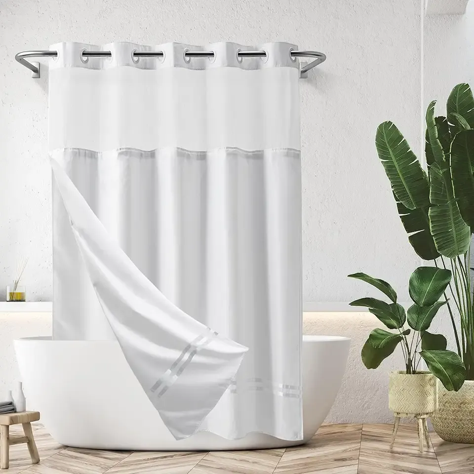 River Dream Shower Curtain with Snap in Liner,No Hooks Needed Shower Curtain for Bathroom,Hotel Grade,Machine Washable,71" Wx74 H,with White Stripe and Magnets
