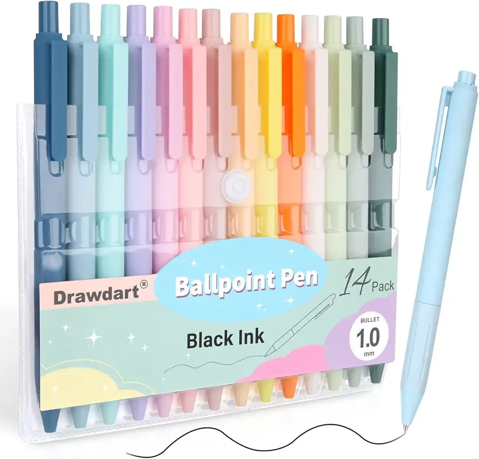 14-Pack Ballpoint Pens, Medium 1.0mm Black Ink Cute Pastel Office Pen, Retractable - For Smooth Writing, Note Taking and Journaling