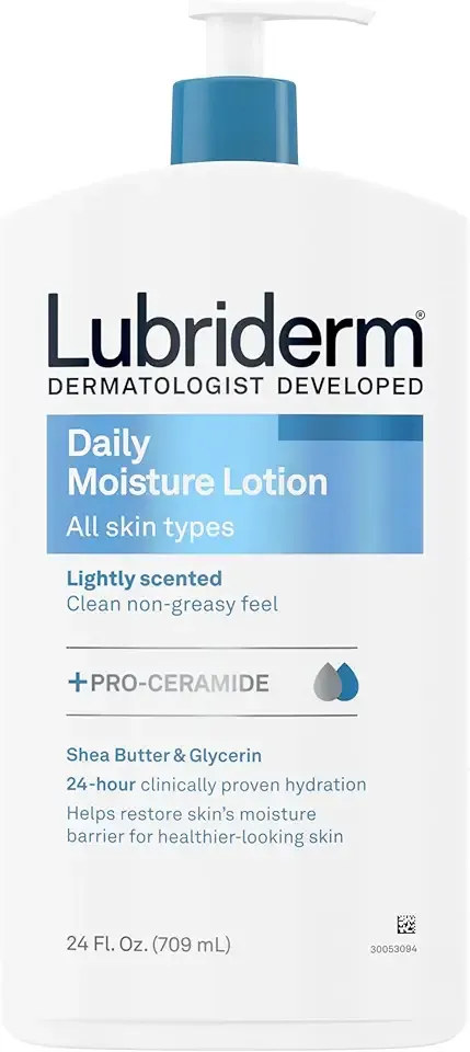 Lubriderm Daily Moisture Lotion + Pro-Ceramide, Shea Butter & Glycerin, Hydrating Face, Hand & Body Lotion, 24-hour Moisturizer for Dry Skin, Paraben & Dye Free, Scented, Non-Greasy, 24 FL OZ