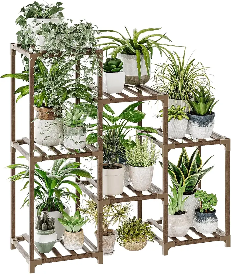 Bamworld Plant Stand Indoor Plant Shelf Outdoor Wood Plant Rack for Multiple Plants 3 Tiers Ladder Plant Holder for Living Room Patio Boho Home Decor for Gardening