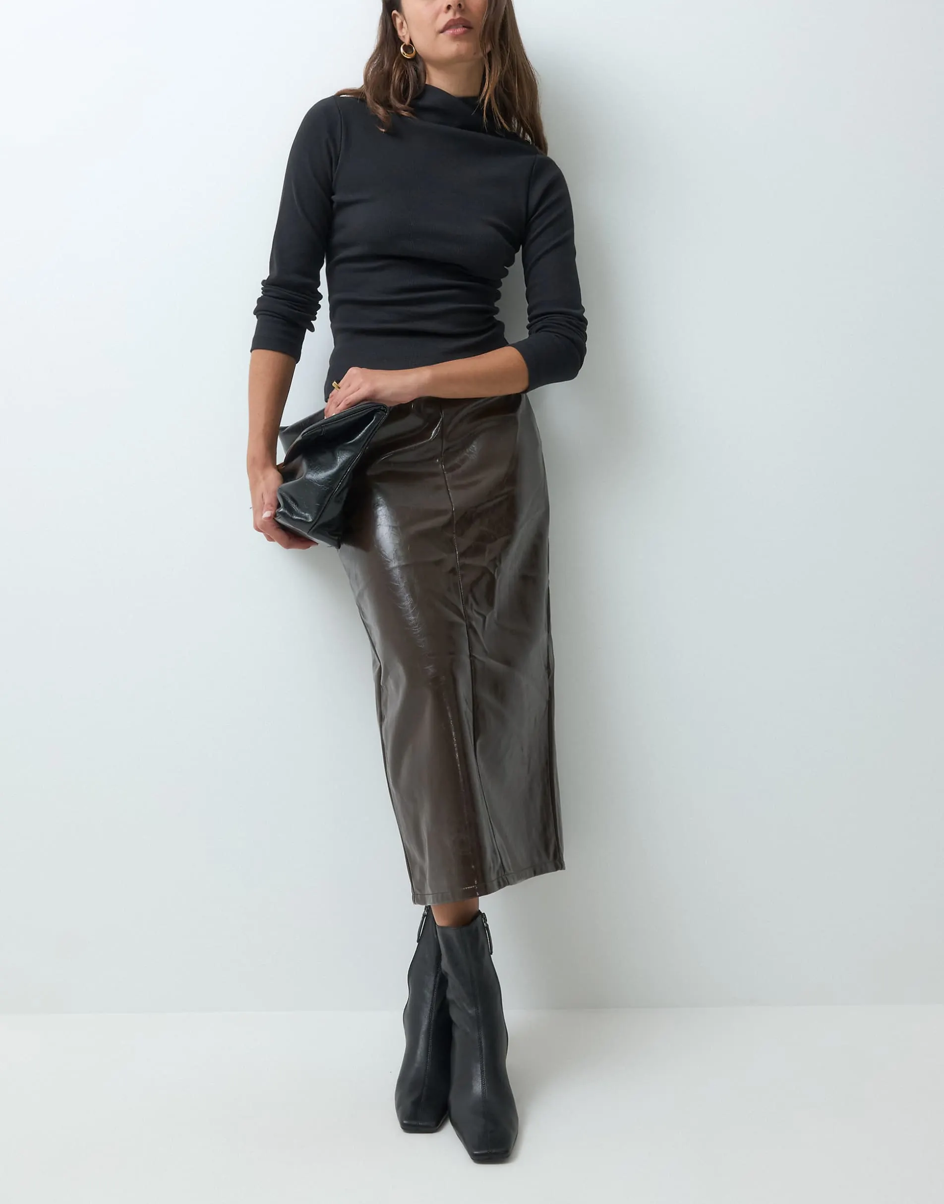 Vila coated faux leather midi skirt in chocolate brown