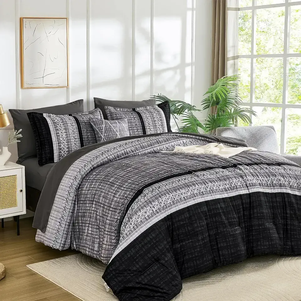 Dintszyayue Black Comforter Set King Size, 8 Pieces Boho Striped Bed in a Bag Soft Microfiber Bedding Set for All Season