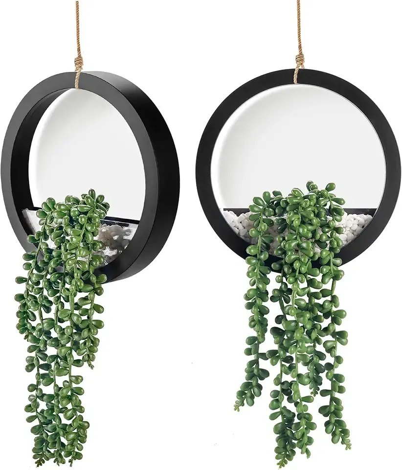 Der Rose 2 Pack Fake Plants Hanging Artificial Succulents Plants in Black Pots for Living Room Bathroom Accessories Boho Farmhouse Wall Decor