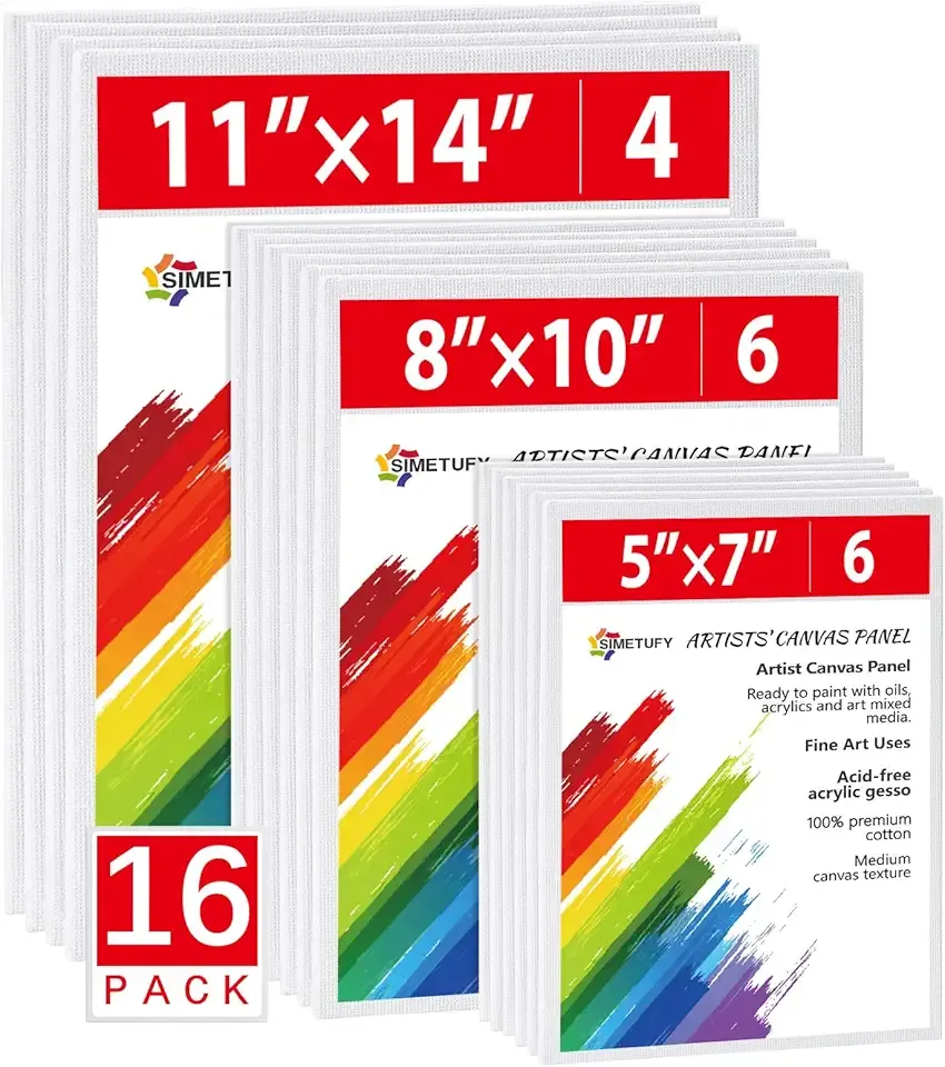 Simetufy 16 Pack Canvas Boards for Painting Multi-Size Canvas Panels Set 5x7, 8x10, 11x14 Inches Pre-Primed 100% Cotton for Oil Acrylic Paint for Kids Beginners Christmas Gift