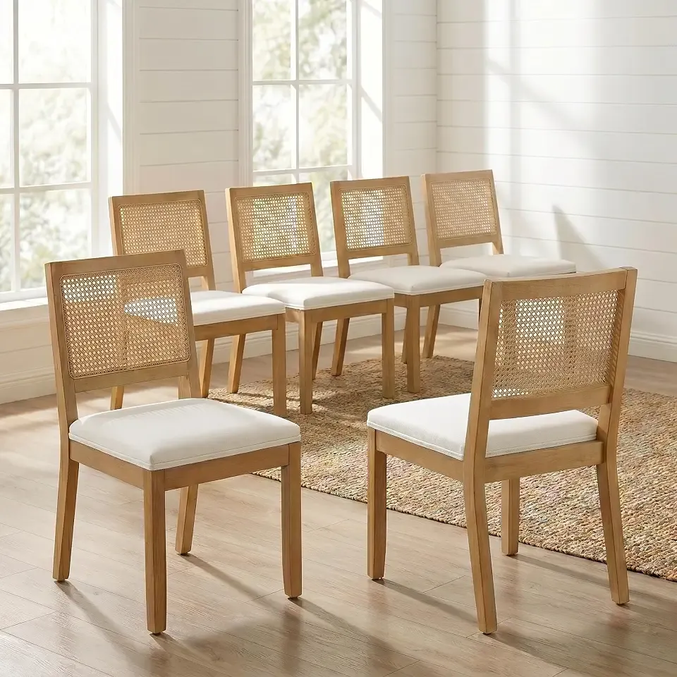 Boho Mid Century Modern Dining Chairs Set of 6, Rattan Cane Back, Beige | Farmhouse Kitchen Dining Chairs, Linen Upholstered Seat, Solid Wood frame, Square Woven Cane Back, Sillas para Comedor