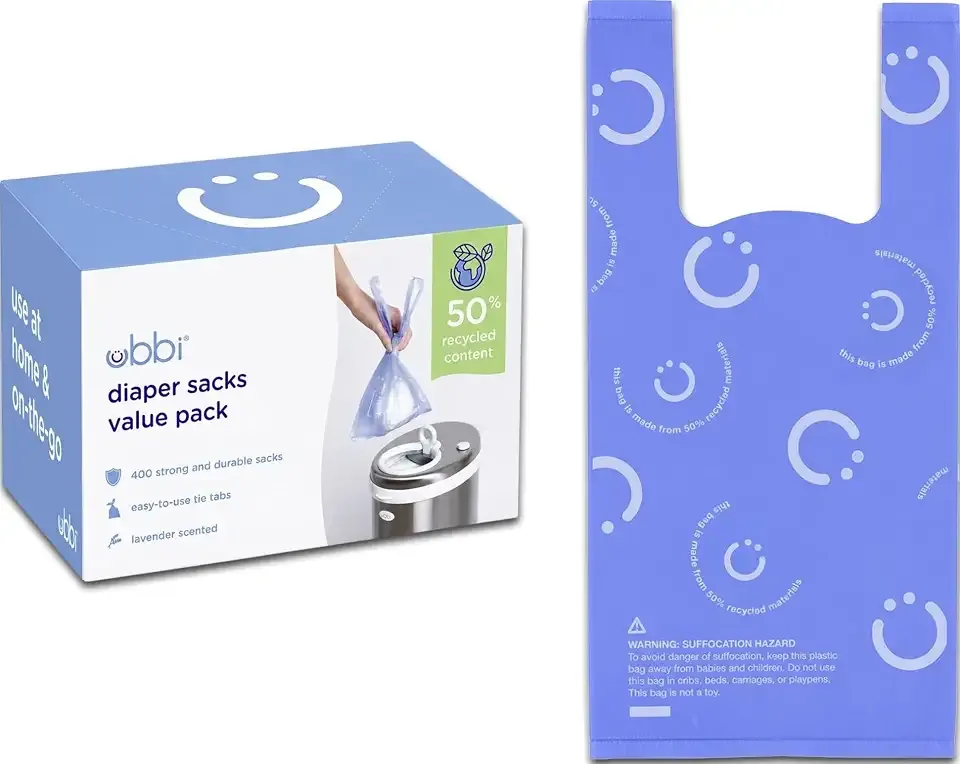 Ubbi Disposable Baby Diaper Sacks, Lavender Scented, 400 Count | Easy-To-Tie Tabs, Made from 50% Recycled Material, Disposable On-The-Go Bags, Diaper Bag and Travel Essential