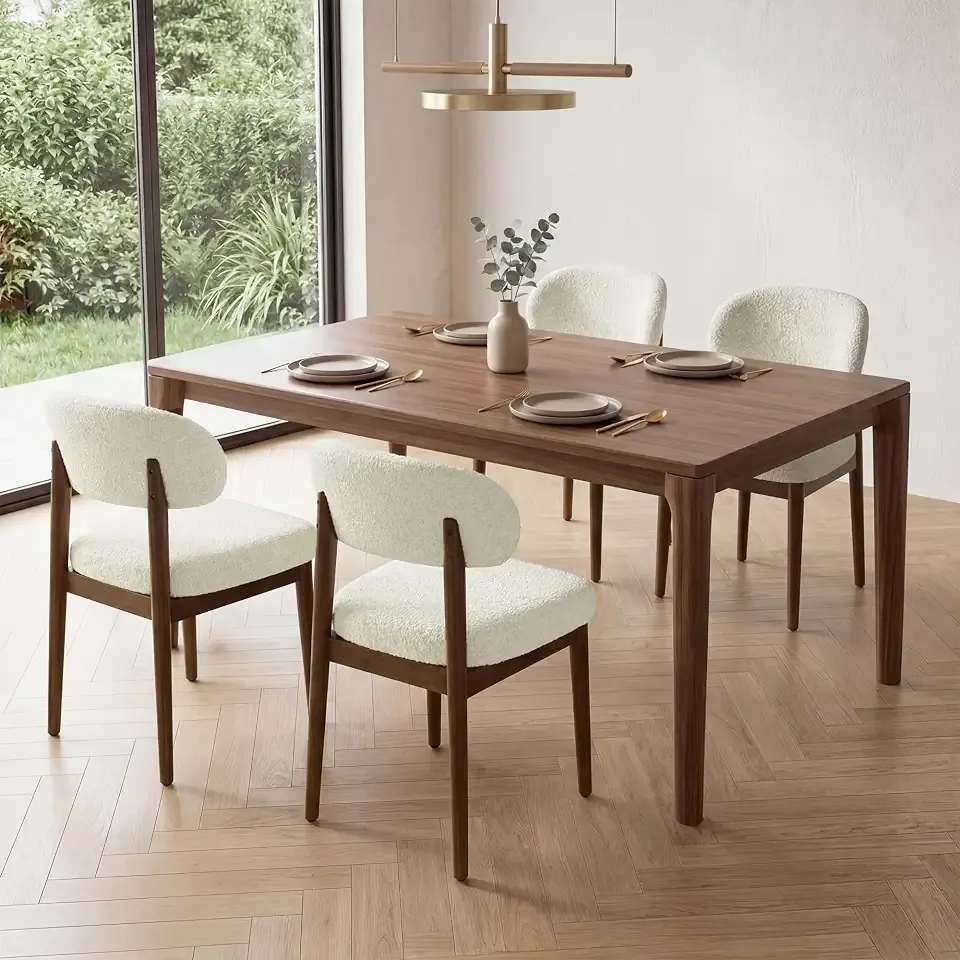 Wooden Dining Room Chairs Set of 4, Modern Upholstered Teddy Fabric Kitchen Chairs with Ergonomic Curved Back, Farmhouse Dining Side Chair with Solid Wood Frame for Kitchen Room, Beige