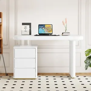 Escritorio moderno 117×50×74 cm – Blanco lacado, forma nube, 3 cajones, tablero y patas reforzadas, curvas redondeadas, estilo francés elegante