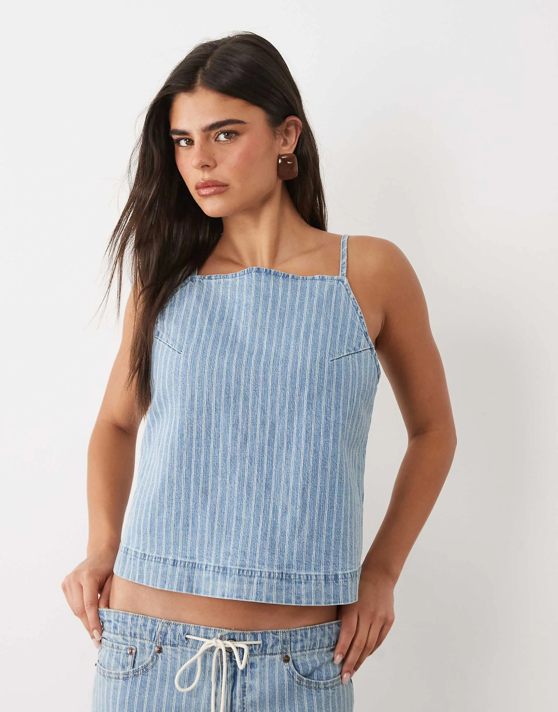 Abercrombie & Fitch tie-back denim cami top in blue stripe co-ord