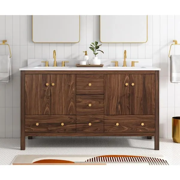 Glacier Bay Rory 60 in.​ Double Sink Freestanding Bathroom Vanity in Walnut with White Engineered Marble Top (Assembled)​