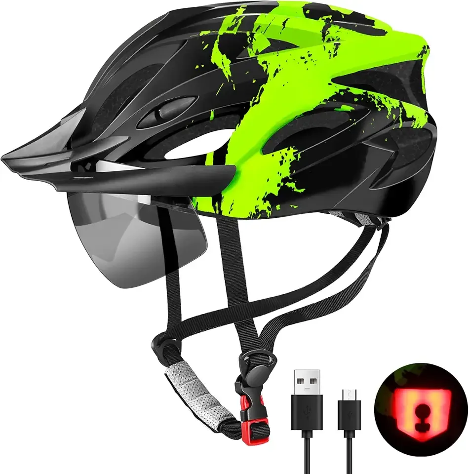 Bike Helmet with USB Rechargeable LED Light Detachable Goggles and Sun Visor, Mountain & Road Bicycle Helmets for Men Women Adult Cycling Helmets